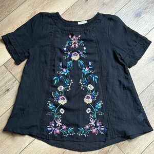 Umgee Women's Black Embroidered Floral Short Sleeve Boho Top Size S Small